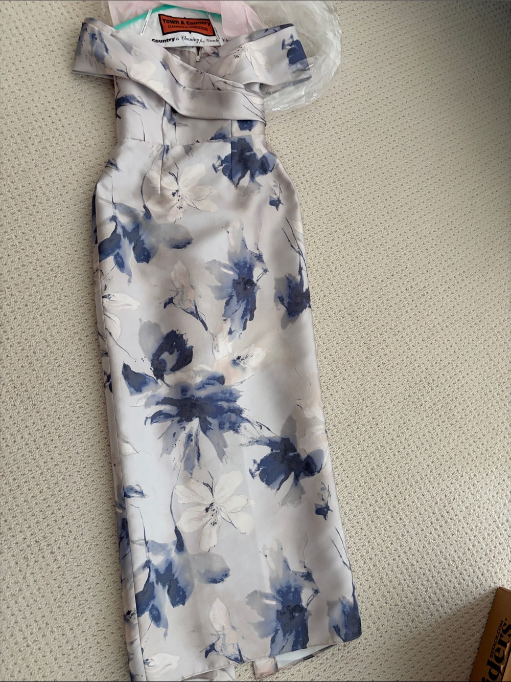 ALFRED SUNG Constance Light gray and Blue Floral Off-Shoulder Maxi Dress - Picture 4 of 15